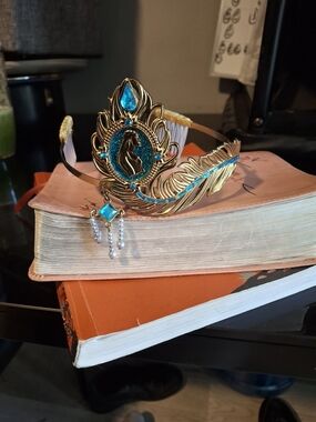 Gold-tone Peacock Feather Headband with Teal Gem Accent